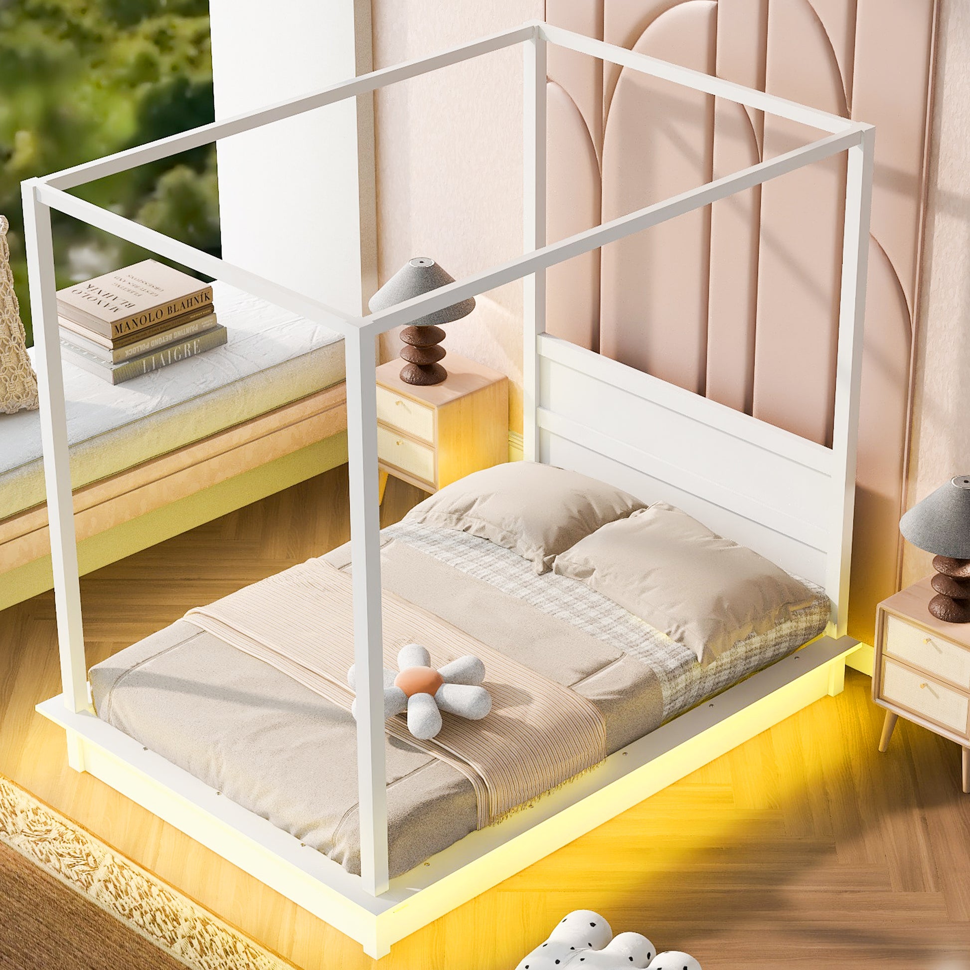 Full Size Wood Led Canopy Bed ,Canopy Platform Bed With Support Slats, No Box Spring Needed, White Full White Plywood