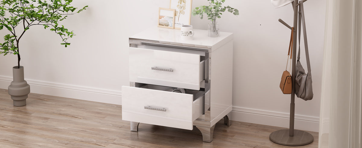 Elegant High Gloss Nightstand With Metal Handle,Mirrored Bedside Table With 2 Drawers For Bedroom,Living Room,White White Particle Board