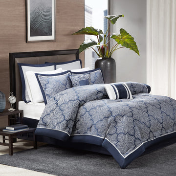 8 Piece Jacquard Comforter Set Navy King King Navy Polyester