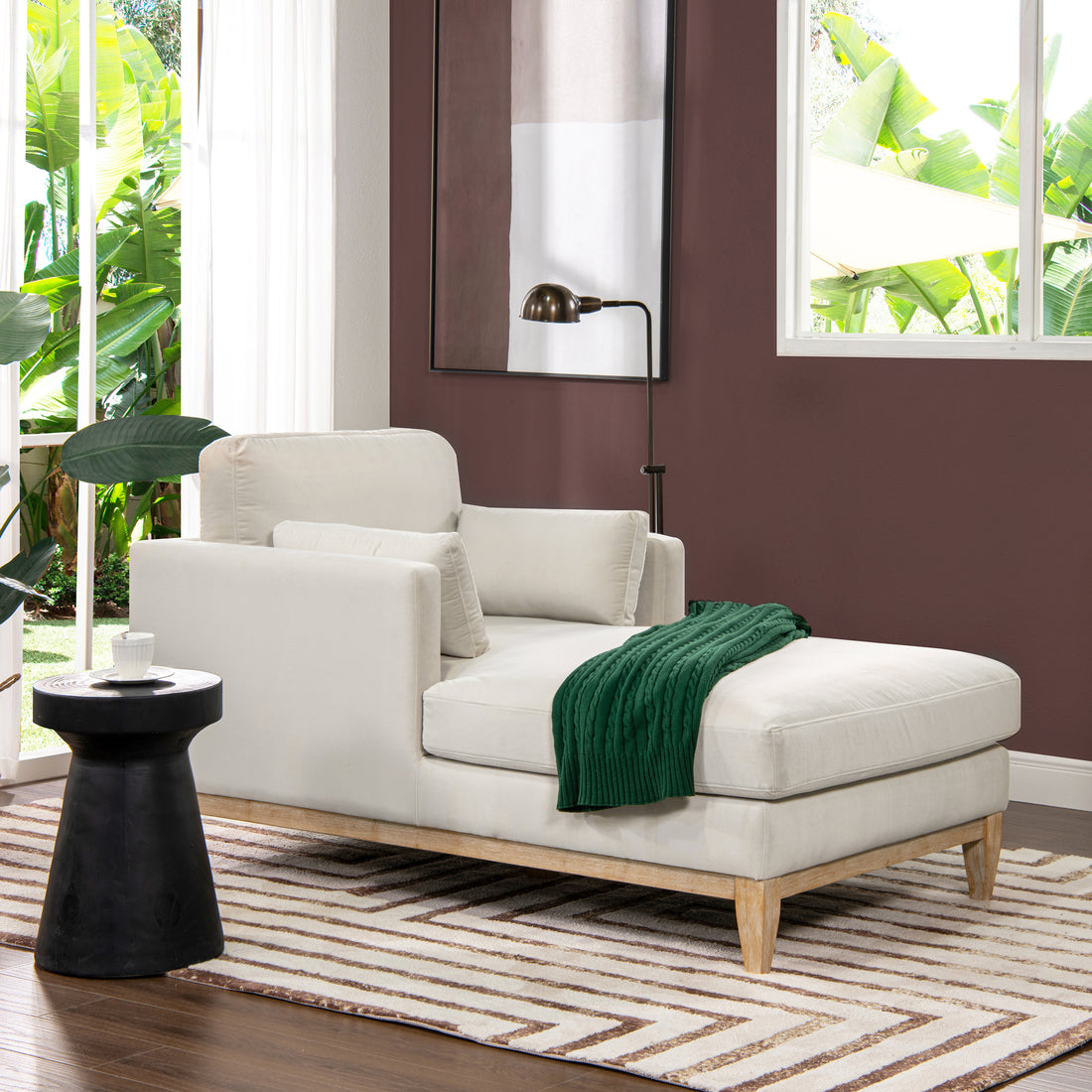 Knox 65" Modern Farmhouse Chaise Lounge Chair, French Beige Performance Velvet Beige Foam Velvet