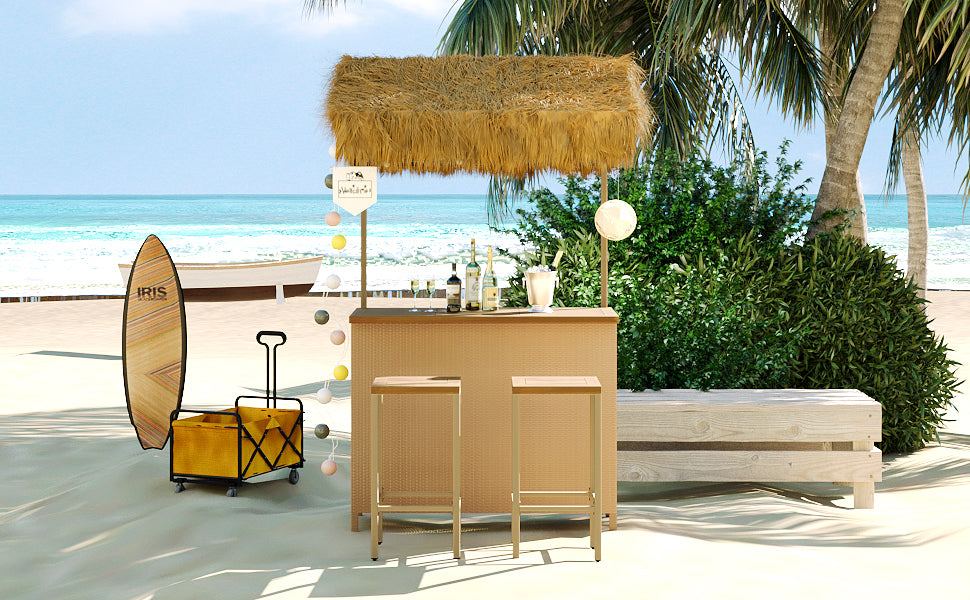 Hawaiian Style Bar Height Patio Set With Pe Grass Canopy, Outdoor Bar Table And Stools With Adjustable Feet, Acacia Wood Top, For Dining And Drinking, Natural Antique Natural Seats 2 Garden & Outdoor Wicker
