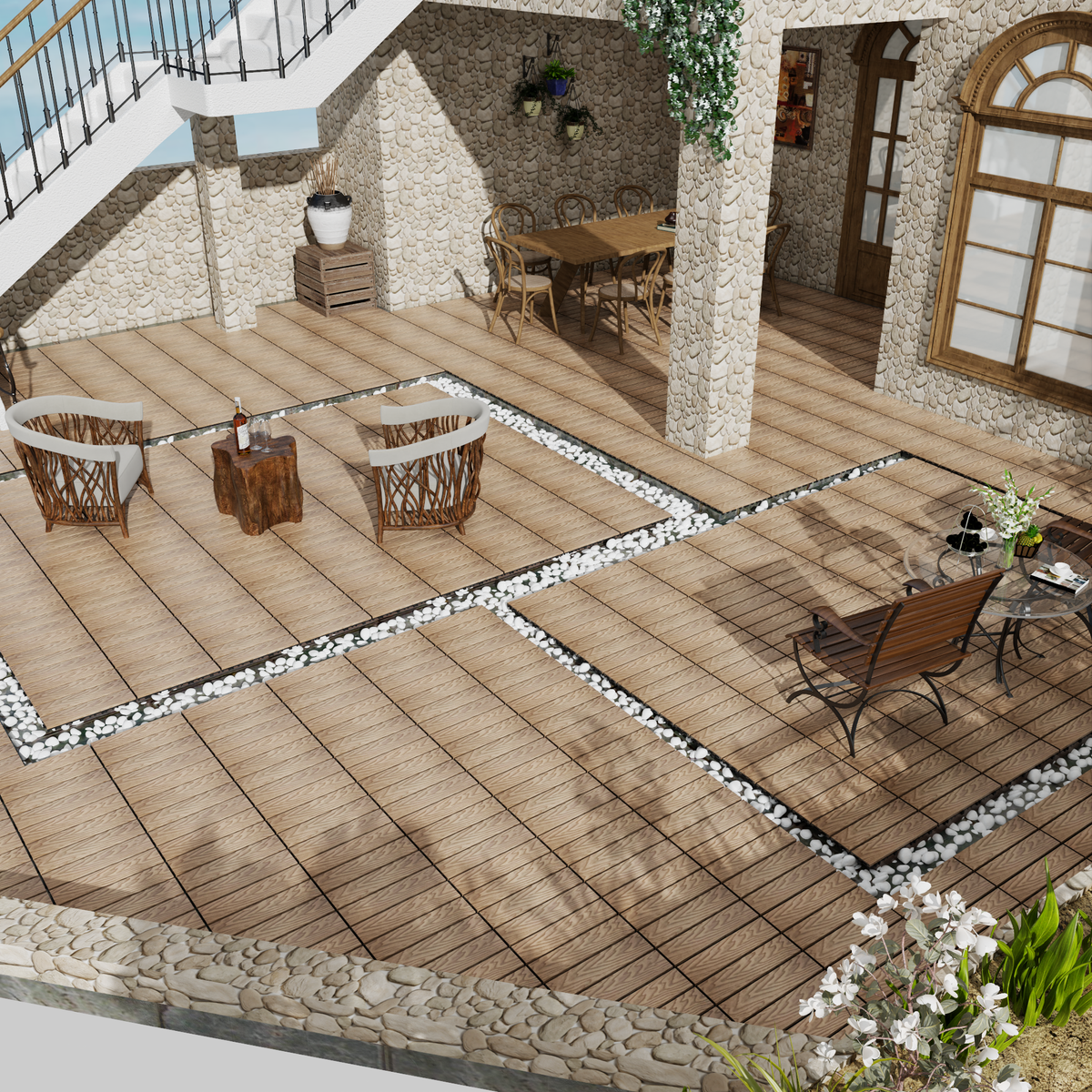 Patio Floor Tiles Pack Of 22 Wpc Wood Plastic Composite Patio Deck Tiles Diy Interlocking Decking Tiles, Quick Deck Floor Tile, Court Tile, Water Resistant Indoor Outdoor 11.8" 3D Teak Teak Plastic