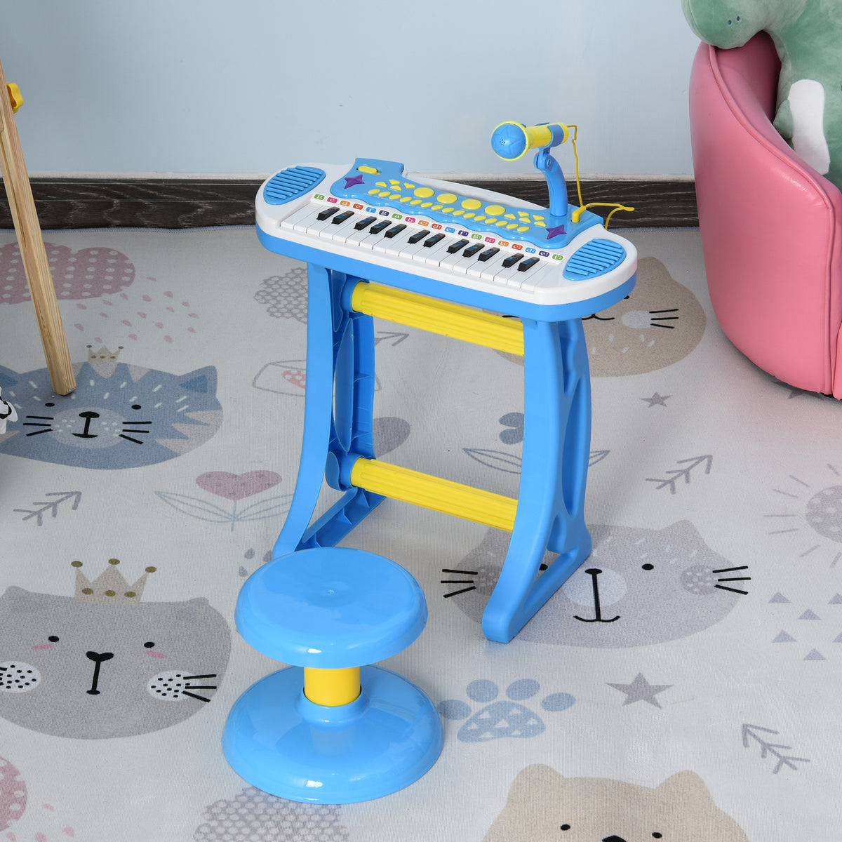 Qaba 31 Key Kids Toy Keyboard Piano, Electronic Musical Instrument With Multiple Sounds, Stool, Microphone And Bright Flashing Lights, Blue Blue Abs