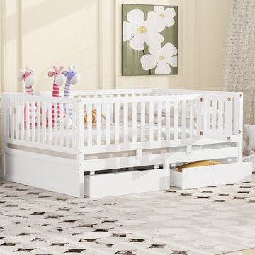 Full Size Wood Daybed With Fence Guardrails And 2 Drawers, Split Into Independent Floor Bed & Daybed, White Old Sku :Lp000882Aak Full White Solid Wood Mdf