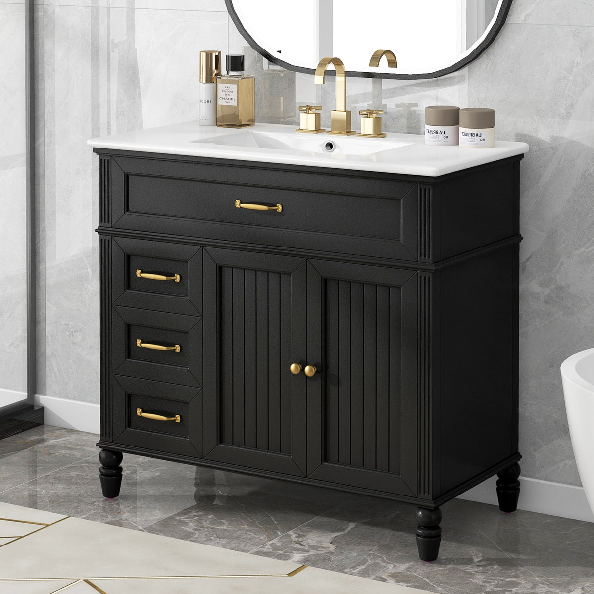 36" Bathroom Vanity With Sink, Black Bathroom Cabinet With Drawers, Solid Frame And Mdf Board, One Package Black Solid Wood Mdf