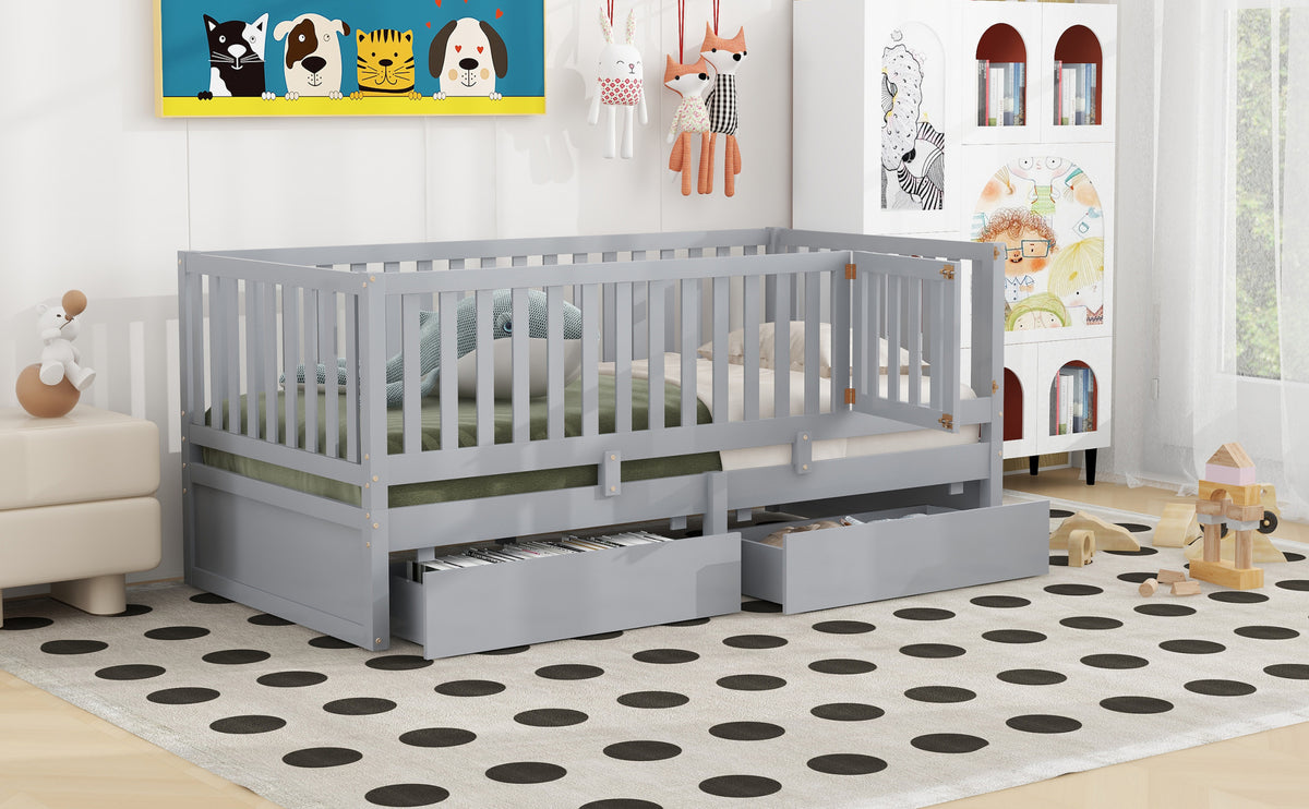 Twin Size Wood Daybed With Fence Guardrails And 2 Drawers, Split Into Independent Floor Bed & Daybed, Gray Old Sku :Lp000881Aae Twin Gray Solid Wood Mdf