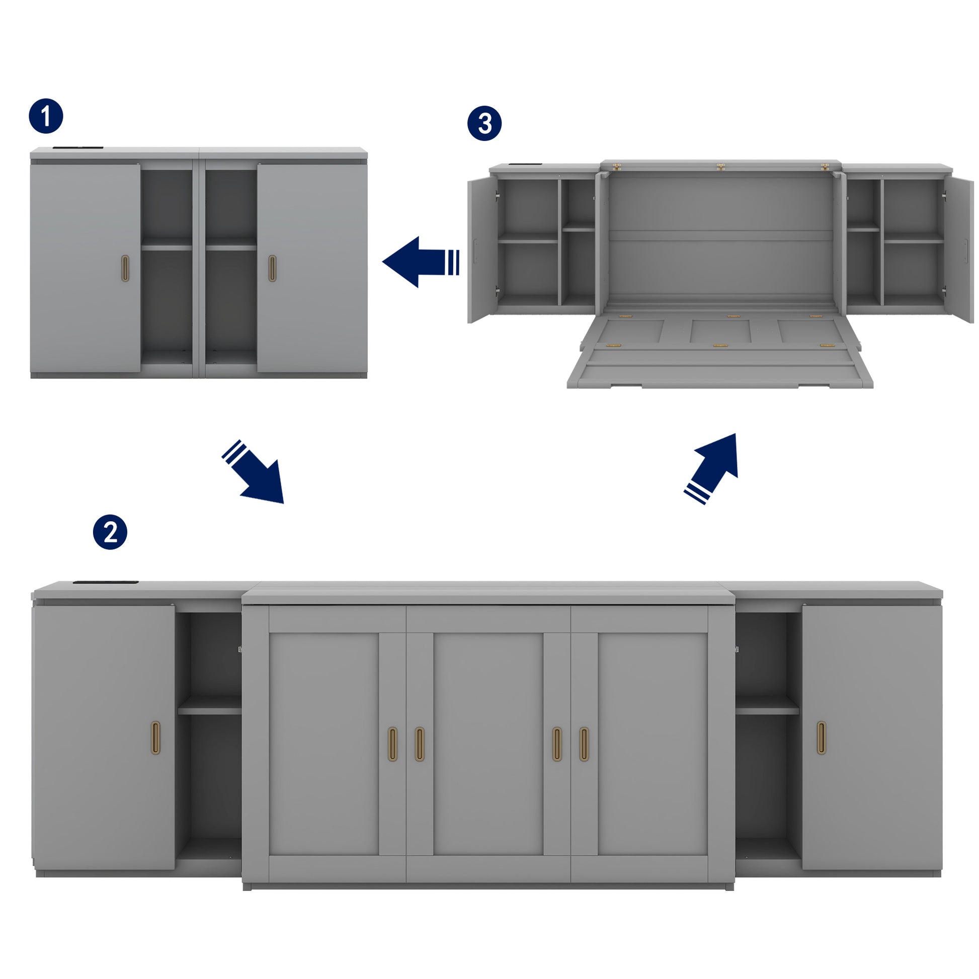 Full Size Murphy Bed With Shelves, Cabinets And Usb Ports,Gray Gray Mdf Lvl