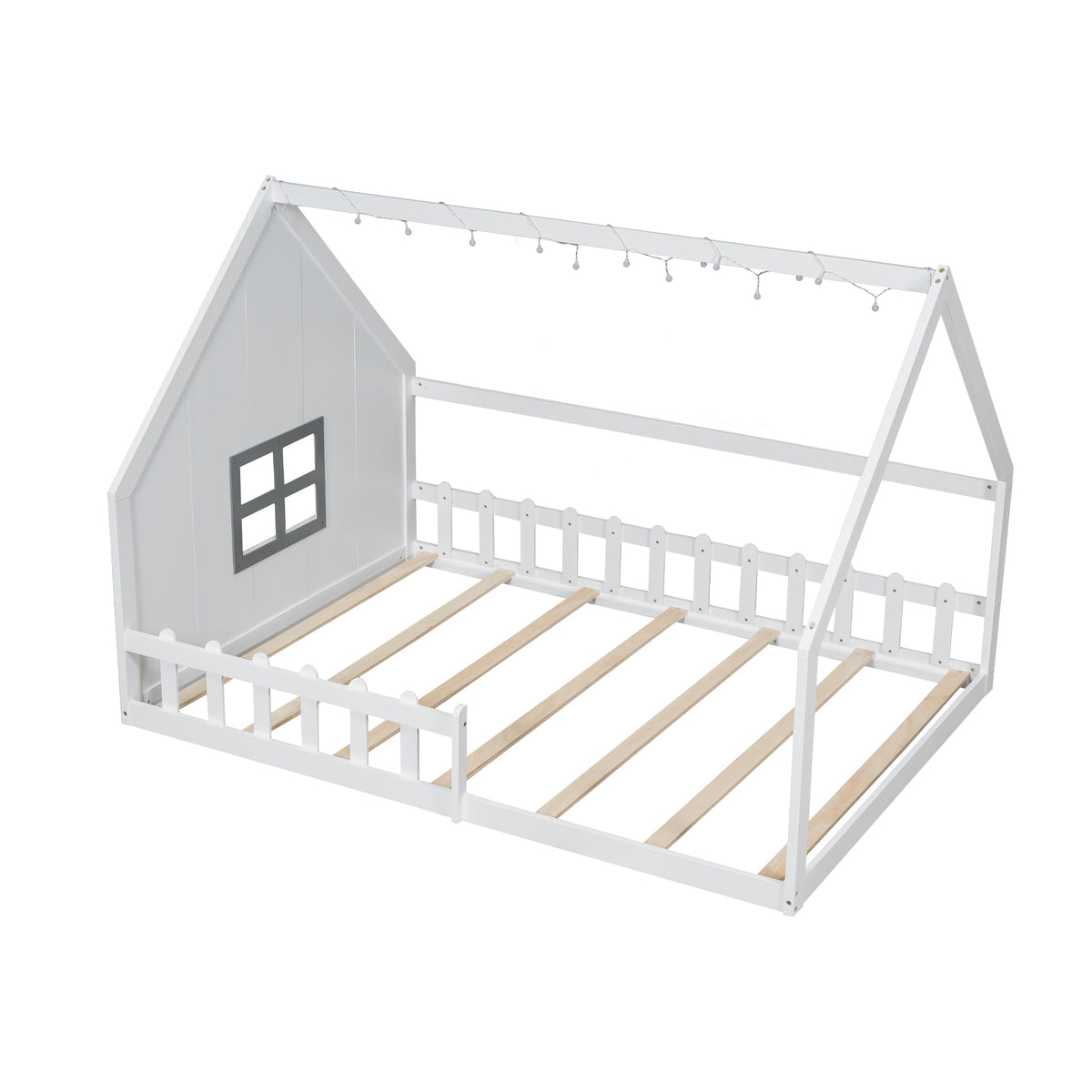 Full Size Wood House Bed With Window And Fence, White Old Sku: Wf304147Aak Box Spring Not Required Full White Wood Bedroom Pine Bed Frame Solid Wood Mdf