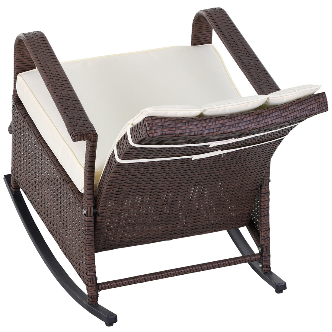 Outsunny Wicker Outdoor Rocking Chair, Patio Recliner With Adjustment Backrest, Pe Rattan Lounge Chair With Adjustable Footrest And Cushions For Garden, Backyard, Porch, Beige Brown Steel