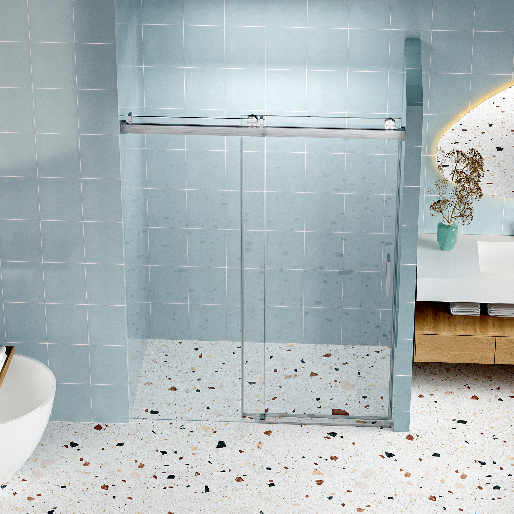 56" 60" W X 76" H Frameless Shower Door Soft Closing Single Sliding, 1 4" 6Mm Tempered Glass With Explosion Proof Coating, 24D01 60Bnx Brushed Nickel Brushed Nickel Tempered Glass