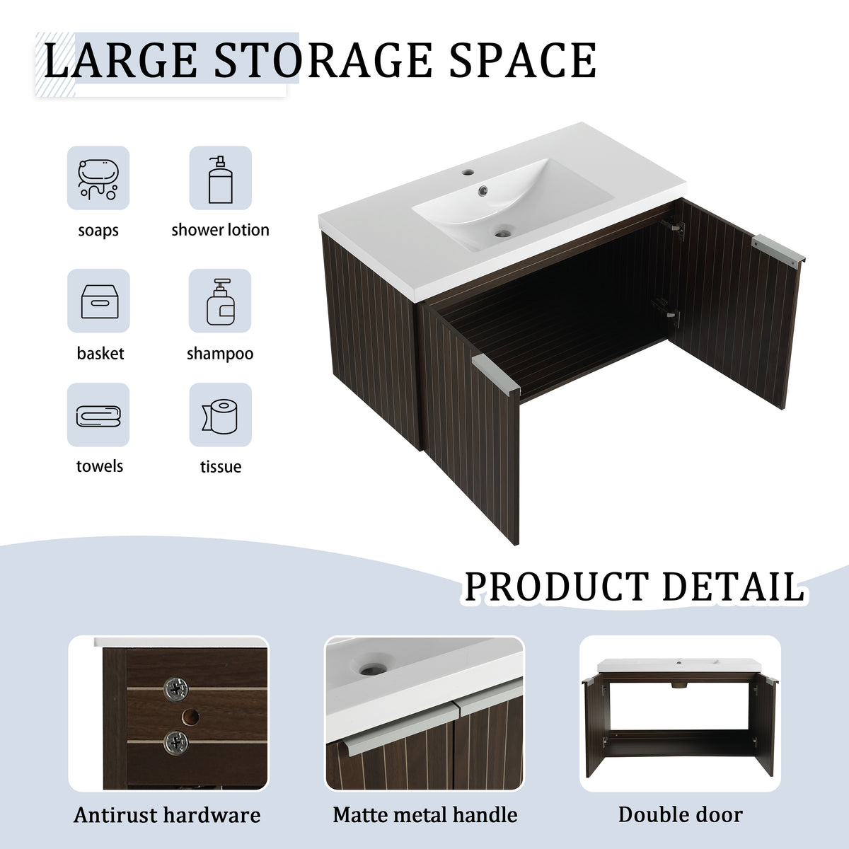 36 Inch Bathroom Cabinet With Resin Sink,Soft Close Doors,Float Mounting Design Silver Brown Stripe Bathroom Modern Plywood Plywood