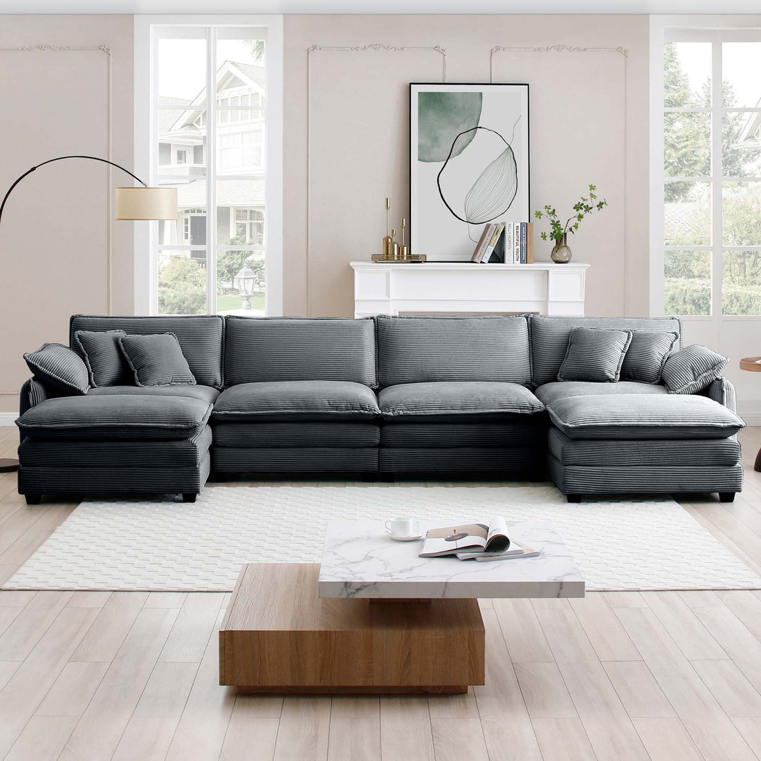Over Size U Shape Corduroy Sofamodern Upholstered 4 Seater Sofa With 2 Ottomans, Premium Soft Corduroy Fabric Sofa Grey Corduroy 4 Seat