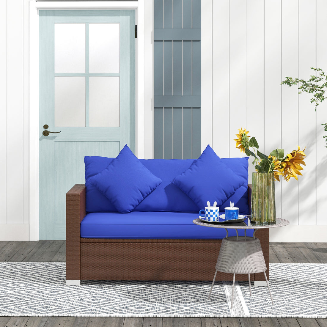 Outsunny Patio Wicker Loveseat With Cushions, 2 Seat Outdoor Pe Rattan Couch Sofa With Throw Pillows, For Porch, Backyard, Garden, Poolside, Blue Dark Blue Rattan Metal