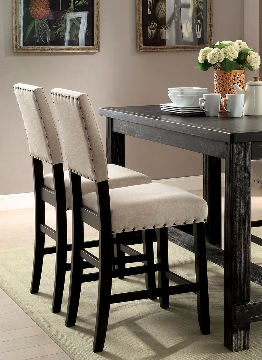 Antique Black Wooden 5Pc Counter Height Dining Set Table And 4X Chairs Beige Linen Like Fabric Cushions Trim Chairs Wood Dining Room Solid Wood Rectangular Dining Table With Chair Upholstered Chair Wood Beige Black Solid Back Seats 4 60 Inches