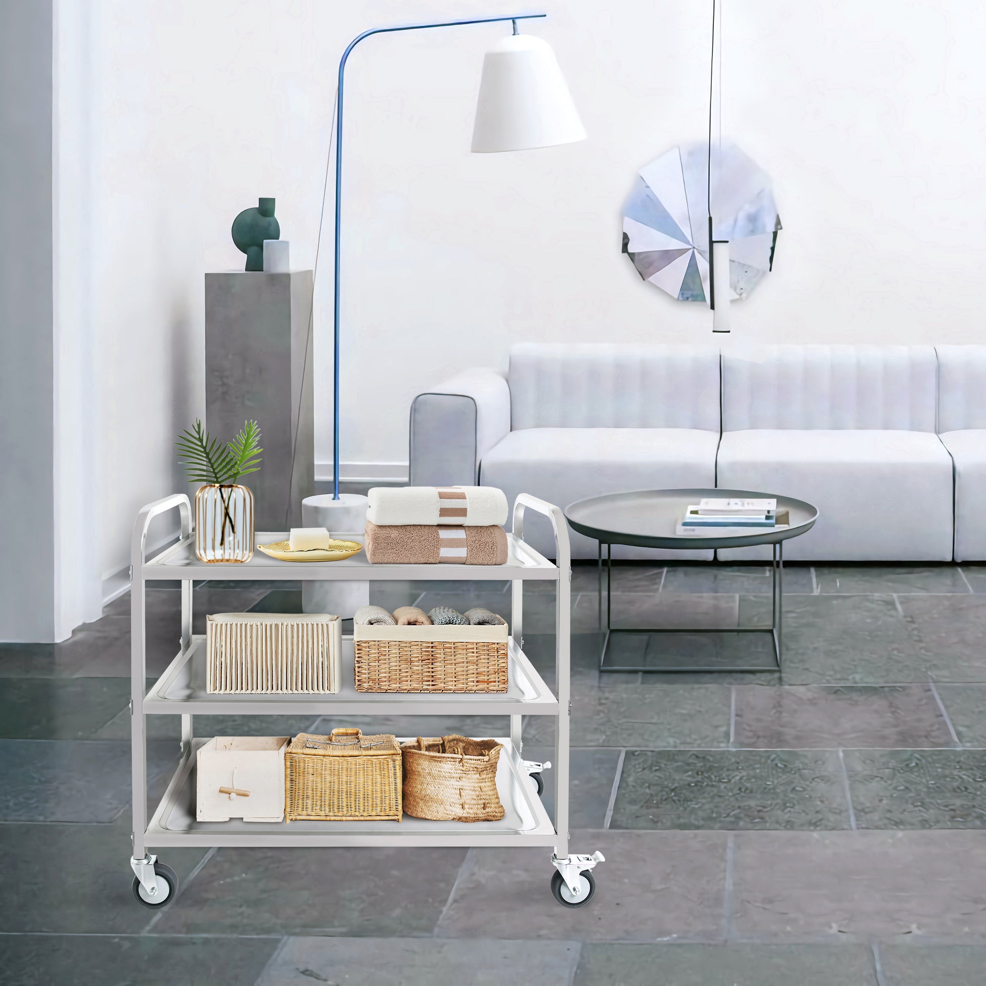 3 Tier Stainless Steel Cart, Serving Cart With Wheels, Restaurant, Household, Service Trolley, 360 Rotation Storage Cart With Locking Wheels 37.4 * 19.2 * 36.6'' L*W*H Rolling Kitchen Food Cart White Silver Stainless Steel