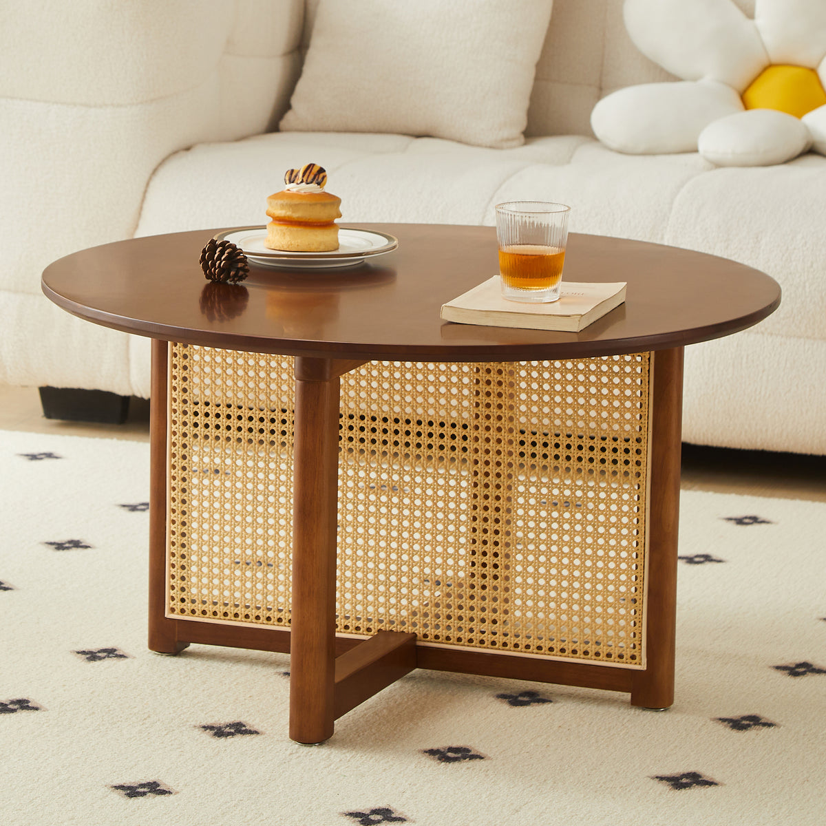 Mid Century Wooden Coffee Table With Pe Cane Stand, 31.5 Inch Round Solid Wood Bohemian Style Coffee Table, Unique Central Cocktail Table For Living Rooms, Apartments And Offices Walnut Rubber Wood