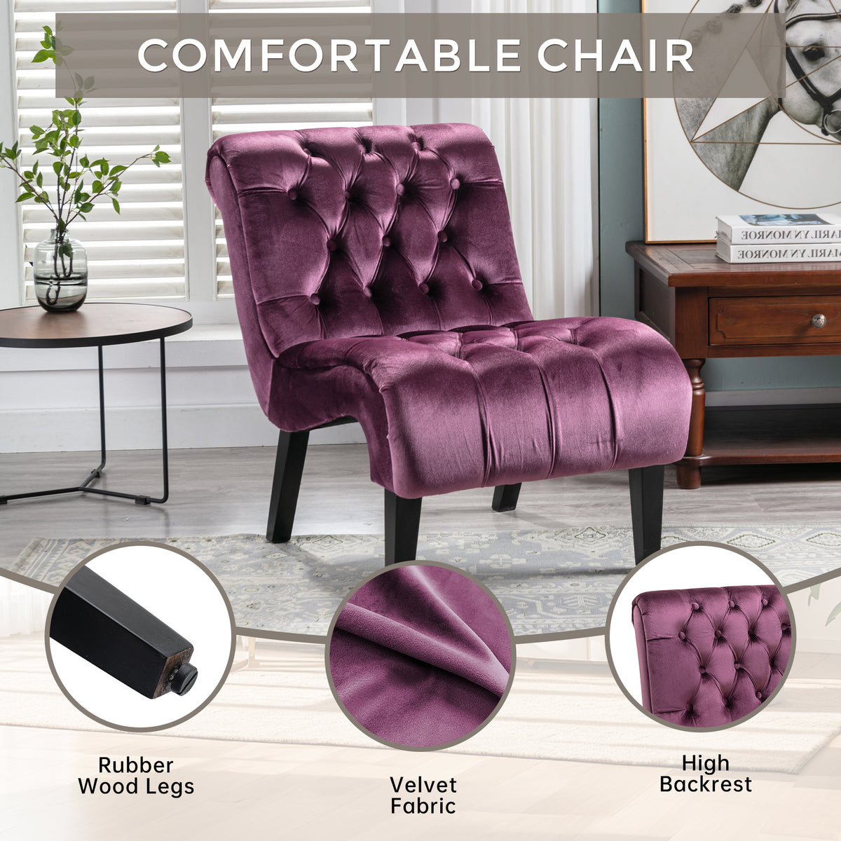 Coolmore Modern Velvet Armless Accent Living Room Chair Leisure Chair,Upholstered Fabric Button Comfortable Chair With Wooden Legs For Bedroom, Living Room, Office Purple Velvet Purple Primary Living Space Foam Velvet
