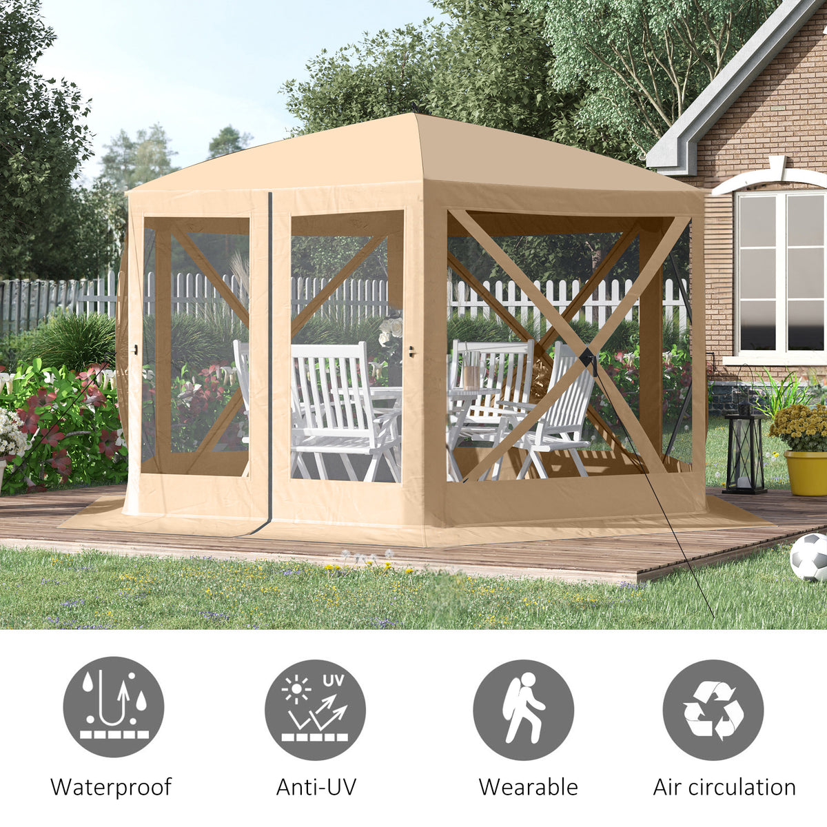 Outsunny 12' X 12' Hexagon Screen House, Pop Up Tent Portable Gazebo Canopy Shelter With Mesh Netting Walls, Carry Bag And Shaded Interior, Beige Beige Polyester