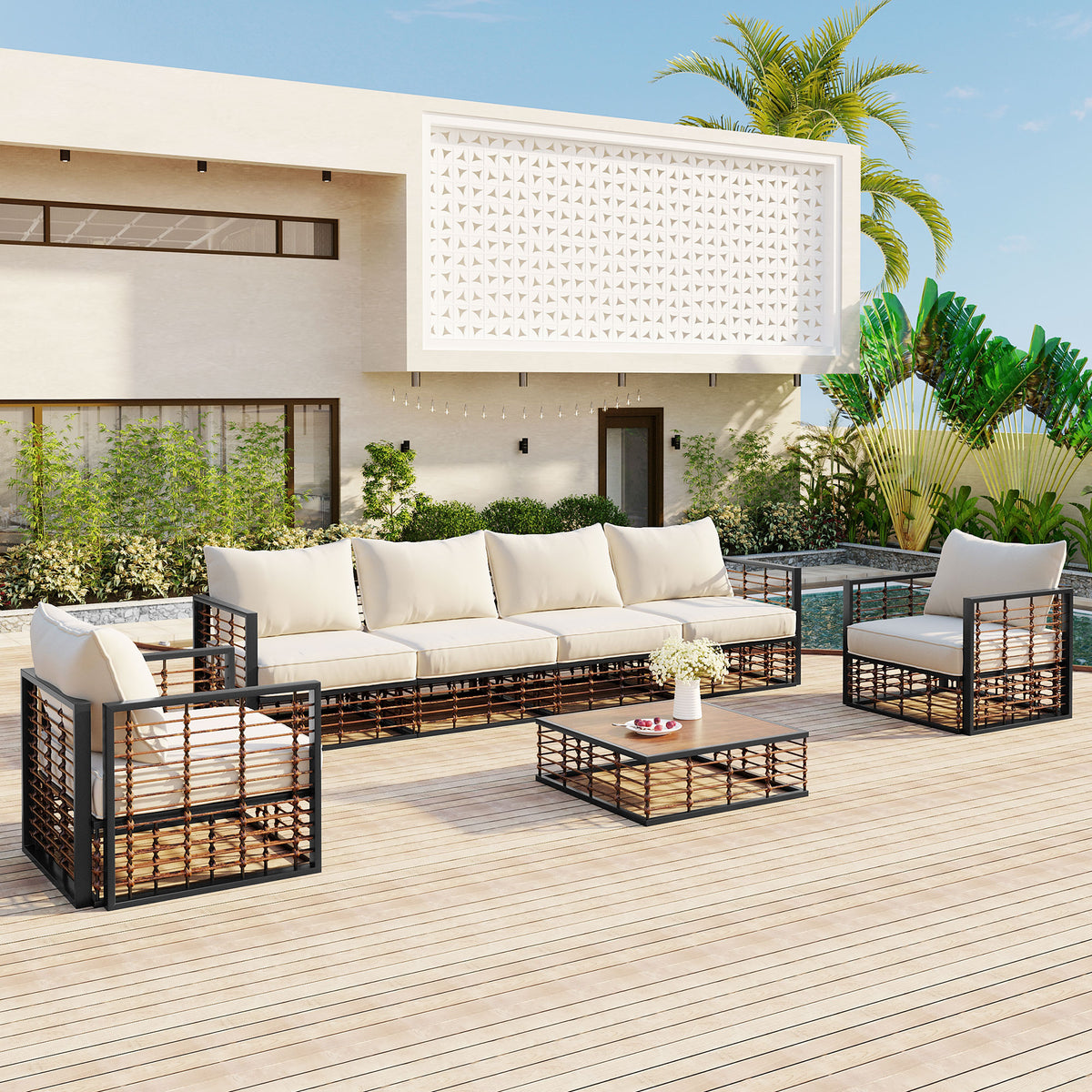 Modern Minimalist 7 Piece Metal Patio Sectional Sofa Set, All Weather Garden Conversational Furniture Set With Thick Cushions And Coffee Table For Indoor Outdoor, Gray Yes Deep Seating White Weather