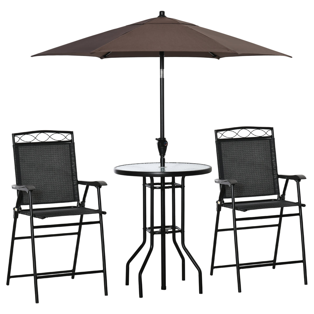 Outsunny 4 Piece Outdoor Patio Dining Furniture Set, 2 Folding Chairs, Adjustable Angle Umbrella, Wave Textured Tempered Glass Dinner Table, Black Black Steel