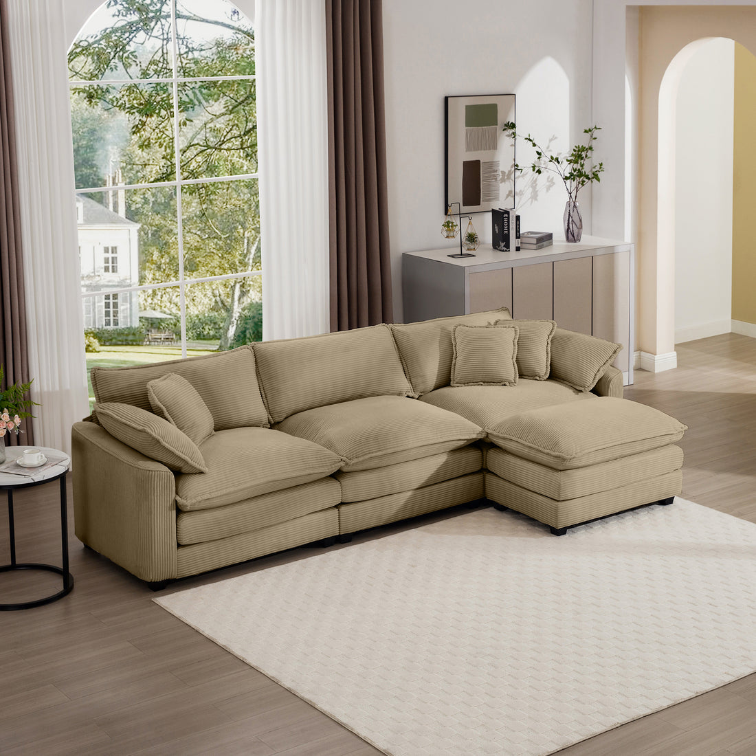 Corduroy 3 Seater Sofa With 1 Footrest, L Shaped Double Sofa With Ottoman For Small Living Rooms, Tan Corduroy Sofa Tan Corduroy 3 Seat