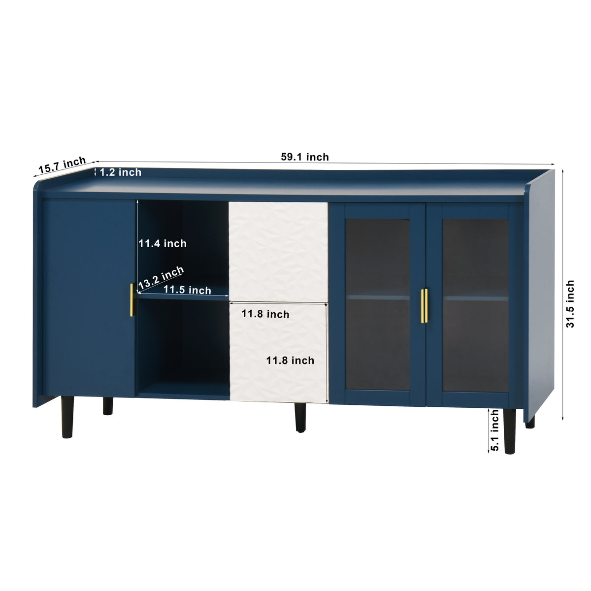 Modern Kitchen Pantry Storage Cabinet55" Coffee Bar Storage Cabinet With 2 Drawers, 2 Open Storage Compartment & 2 Glass Doors, Wood Buffet Table For Kitchen, Living Room, Blue Blue Mdf