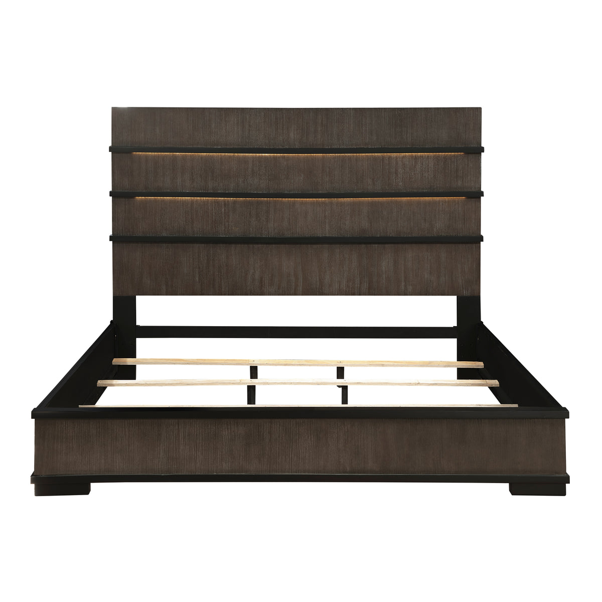 Two Tone Brown Black Finish Led Headboard King Bed 1Pc Modern Industrial Design Bedroom Furniture Box Spring Required King Black,Brown Gray Wood Bedroom Bed Frame Wood