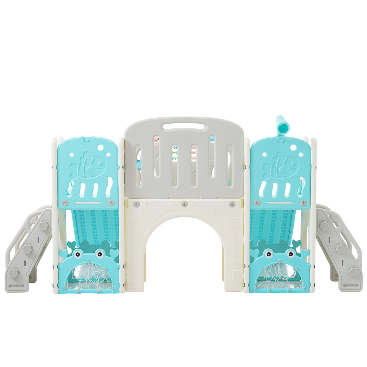 Kids Slide Playset Structure 8 In 1, Freestanding Ocean Themed Set With Slide, Arch Tunnel,Basketball Hoop And Telescope, Double Slides For Toddlers, Kids Climbers Playground Blue 50 99 Lbs Cute 1 To 2 Years Hdpe Indoor & Outdoor Use