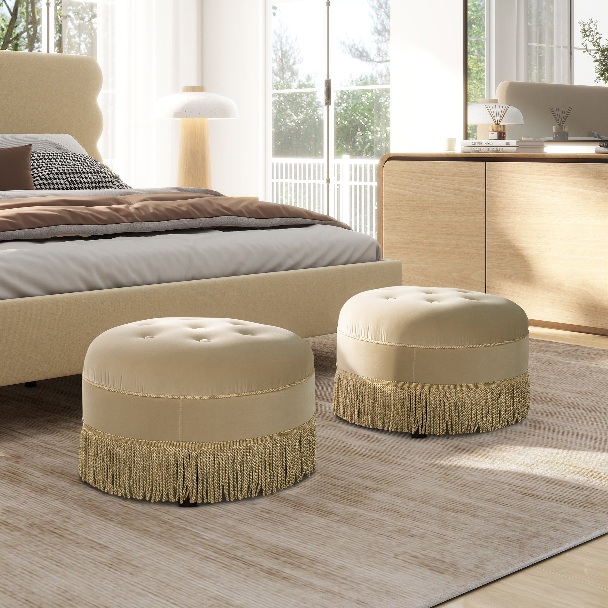 Yolanda 24" Round Upholstered Accent Ottoman, Fawn Brown Performance Velvet Brown Foam Velvet