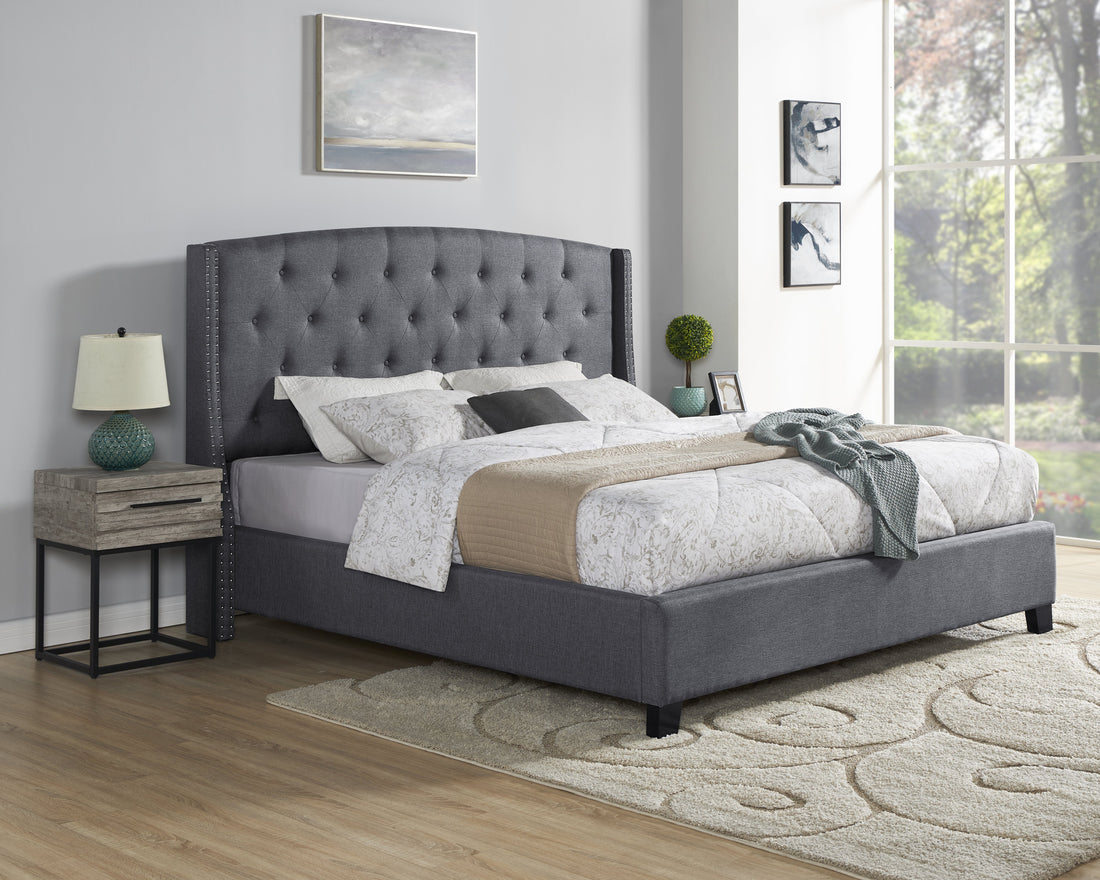 Belize 3 Piece Upholstered Bedroom Set, Tufted Wingback Bed With Two Gray Nightstands Box Spring Required Queen Gray Wood 3 Piece Set Bedroom Bed Included,Nightstand Included Contemporary Wood Tufted Polyester Engineered Wood