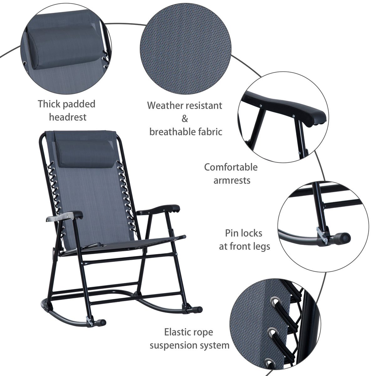 Outsunny 3 Piece Outdoor Rocking Bistro Set, Patio Folding Chair Table Set With Glass Coffee Table For Yard, Patio, Deck, Backyard, Grey Grey Fabric