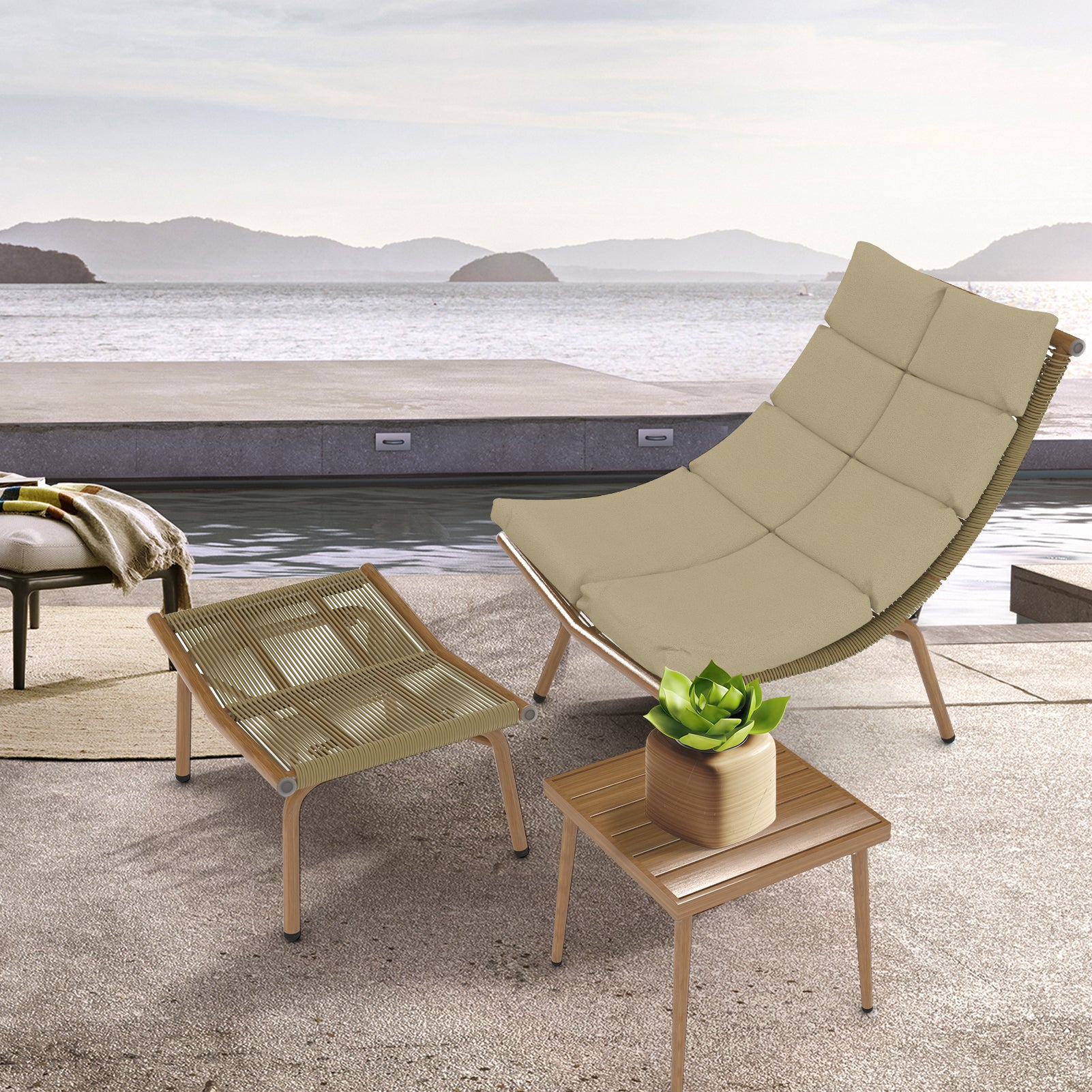 Chaise Lounge Chair With Table For Outdoor Indoor Wood Color Alloy Frame 380Lbs Capacity With Cushion Recliner For Camping Gaming Lunch Break Garden Party Sunbathing Gold Brown Rattan Metal