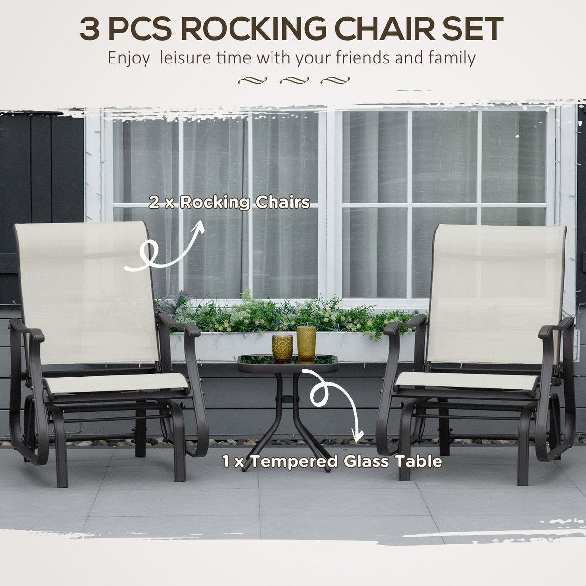 Outsunny 3 Piece Outdoor Gliders Set Bistro Set With Steel Frame, Tempered Glass Top Table For Patio, Garden, Backyard, Lawn, Cream White Cream White Steel