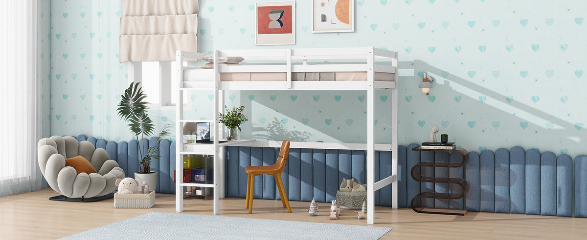 Twin High Loft Bed, Rubber Wood Loft Bed With Safety Guardrail, Built In Desk, Ladder,White Twin White Rubber Wood