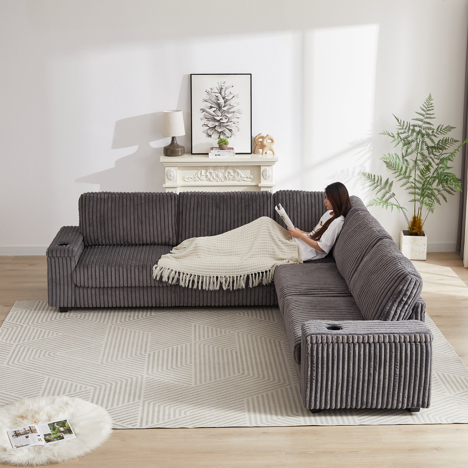 110 Inch Oversized Corduroy Corner Sofa,L Shaped Corner Couch With Two Storage Spaces,Usb Port & T Pyce Port And Cup Holderdeep Seat Comfy Upholstered Couches For Living Room Not Freely Combinable Dark Grey Corduroy 5 Seat