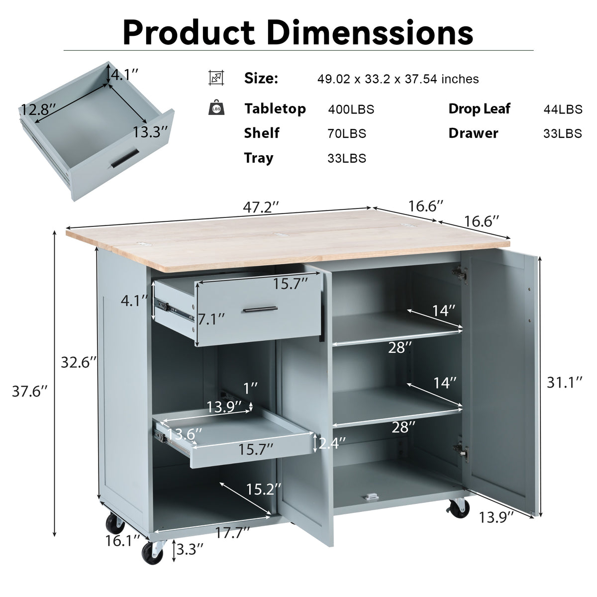 K&K Kitchen Island With Foldable Counter Top, Kitchen Storage Cart With Slide Out Shelf, Towel Rack And Drawer, Rolling Kitchen Cart On Wheels, For Kitchen, Living Room, Dining Room, Grey Blue Grey Blue Brown Kitchen Classic,Farmhouse,Luxury,Modern