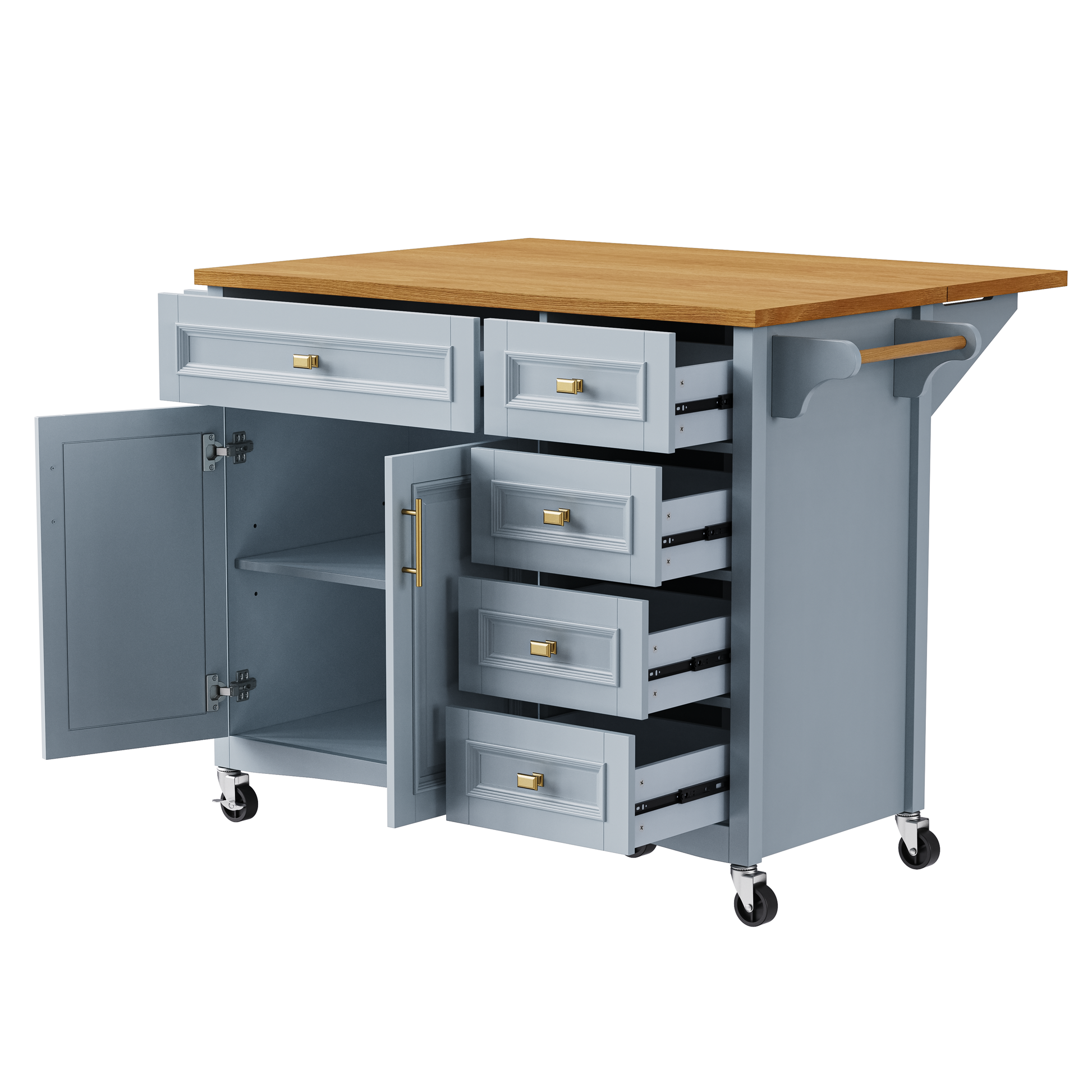 K&K 52'' Kitchen Island With Drop Leaf, Embossed Texture Kitchen Island On Wheels With Spice Rack, Towel Rack, 2 Doors And 5 Drawers, Kitchen Storage Cart With Adjustable Shelf For Kitchen, Blue
