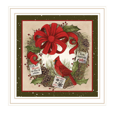 Cardinal Wreath White Framed Wall Art For Living Room, Bedroom Wall Art Print For Home Decor By Linda Spivey Multicolor Wood Paper