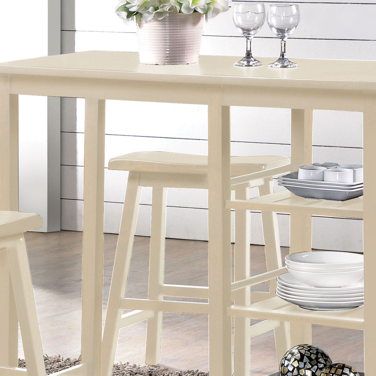 Buttermilk 3 Piece Counter Height Set With Shelves Wood Wood White Seats 2 Wood Dining Room Fixed Table Rubberwood 4 Leg Rectangular Dining Table With Chair Wood