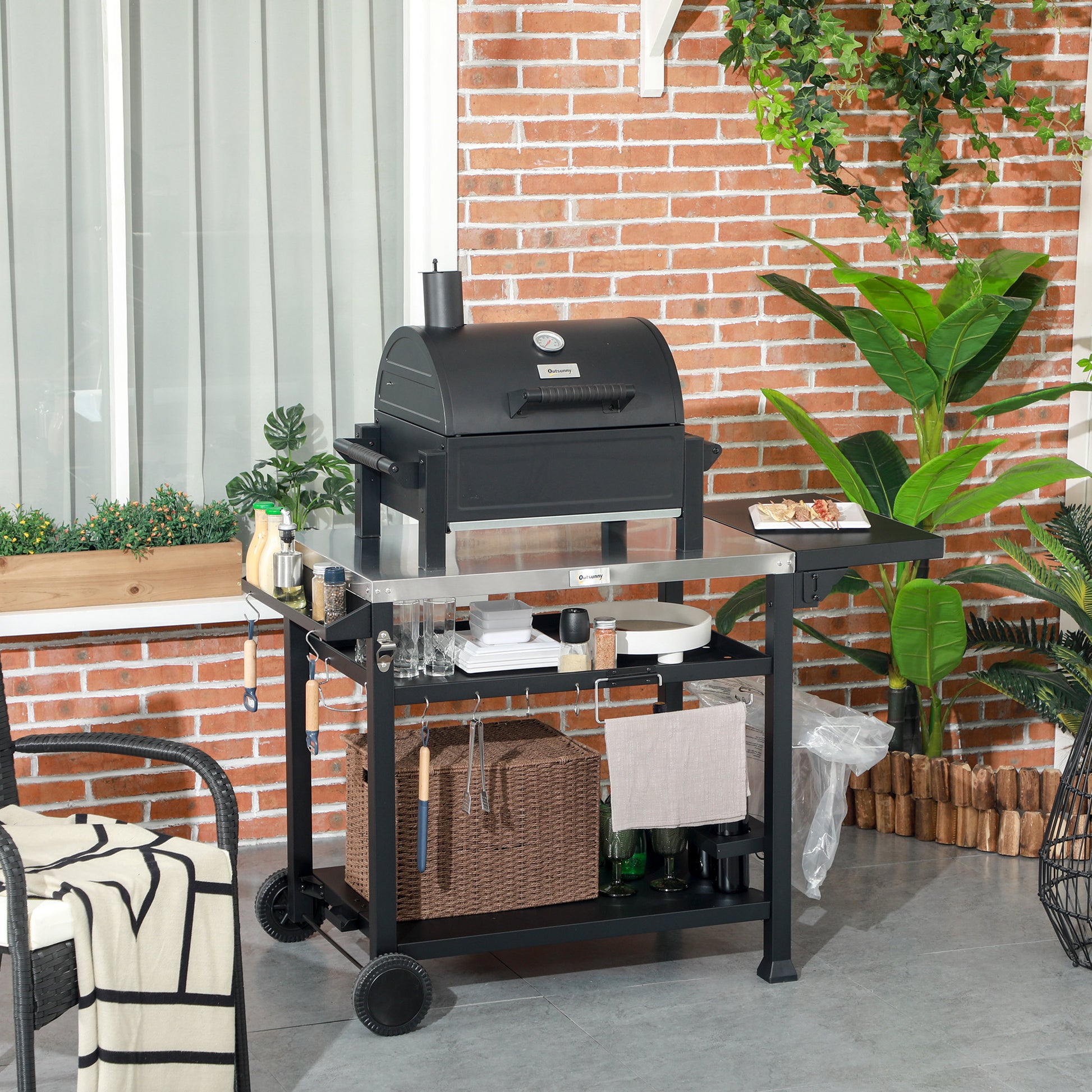 Outsunny Outdoor Grill Cart With Foldable Side Table, 46" X 21.75" Multifunctional Stainless Steel Pizza Oven Stand With Three Shelf, Movable Food Prep Table On Wheels, Black Black Stainless Steel