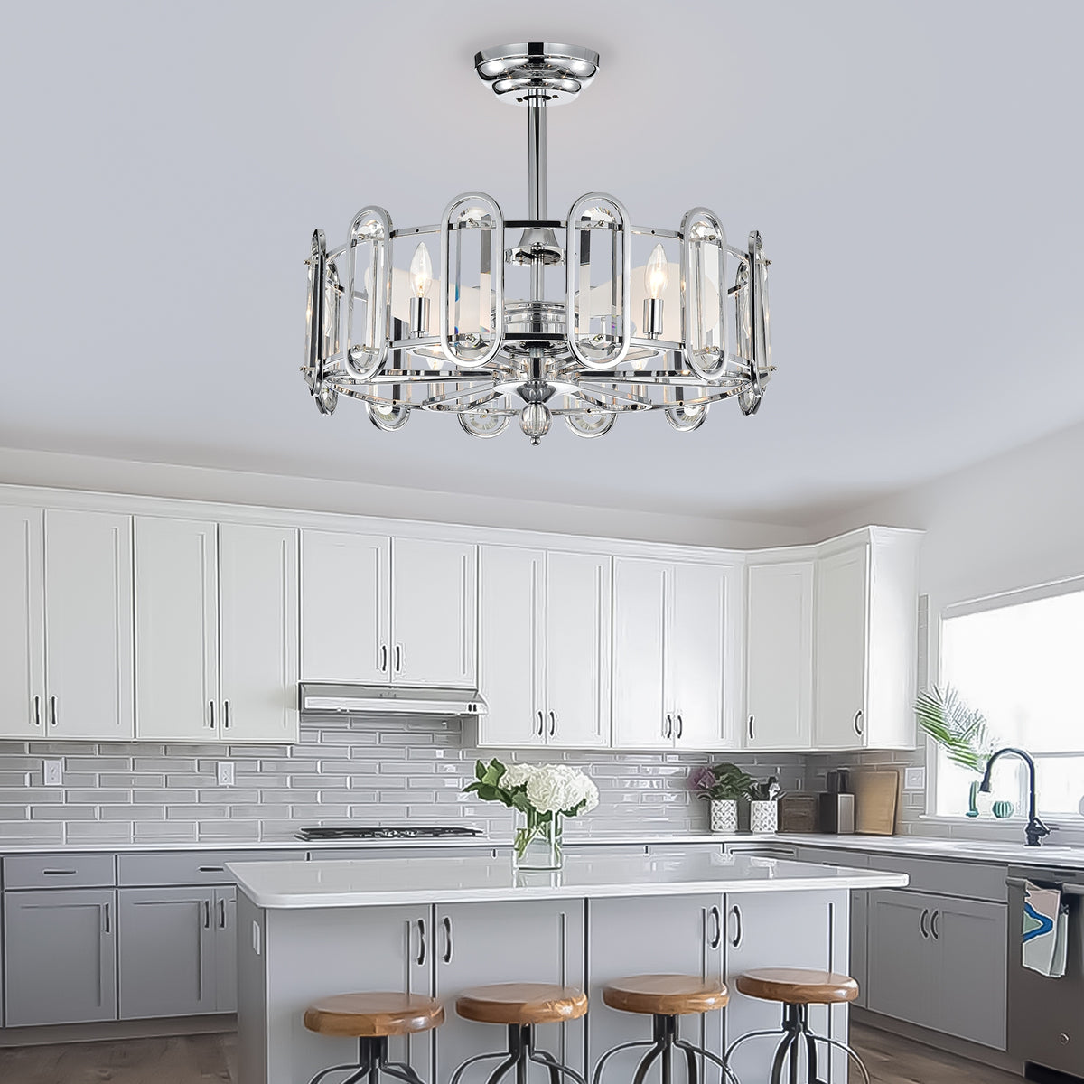 Dia 26 Inch Crystal Chandelier Ceiling Fan Vintage Fandelier Flush Mounted Invisible For Bedroom Dining Room Living Room Kitchen Farmhouse Entry, Chrome Chrome American Design,American Traditional,Retro,Traditional,Vintage Crystal Iron