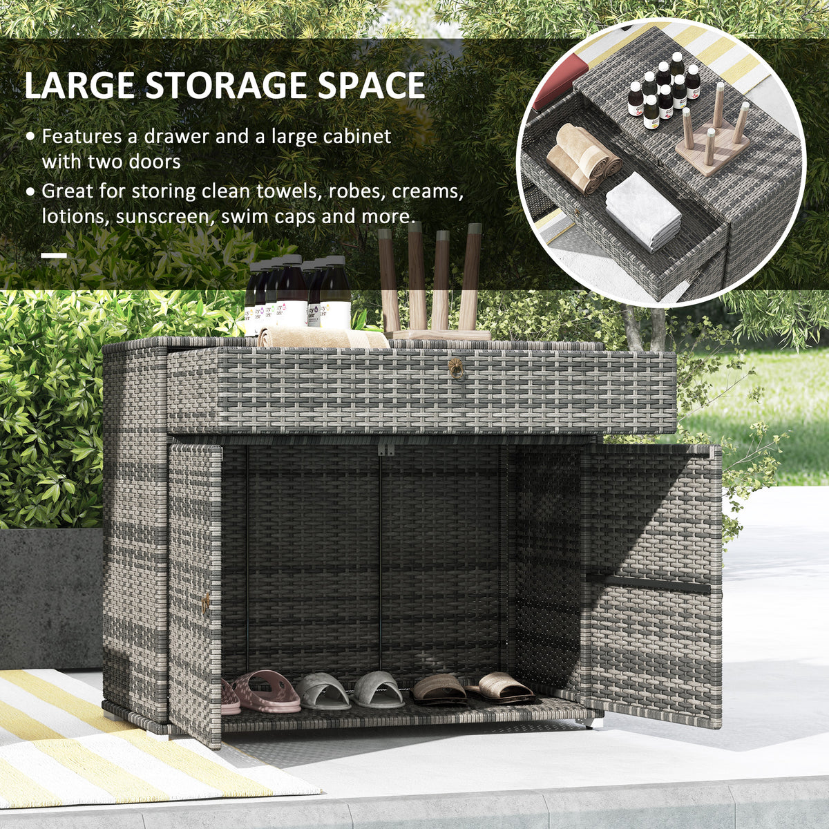 Outsunny Outdoor Towel Rack & Pool Toy Cabinet, Hot Tub Accessory Storage, Freestanding Pe Rattan Wicker Cabinet With Drawer For Indoor, Outdoor Swimming Pool, Spa, Gray Grey Steel