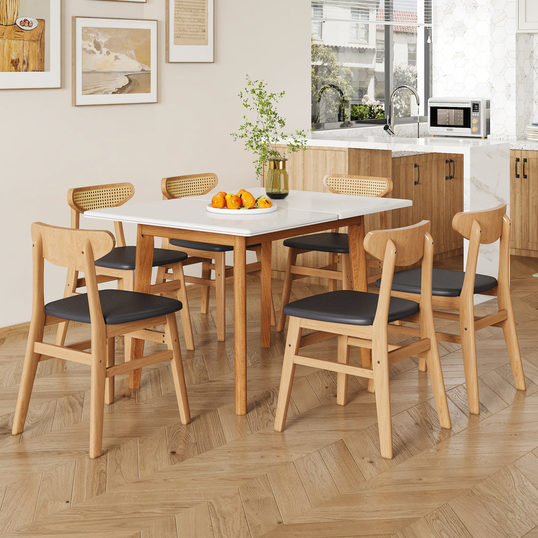 Table And Chair Set. White Sintered Stone Tabletop, Rubberwood Legs, Foldable Computer Desk, Foldable Desk. Solid Wood Dining Chair With Small Curved Backrest And Pu Cushions. Zd 1545 Dx 2361 Wood Seats 6 Wood