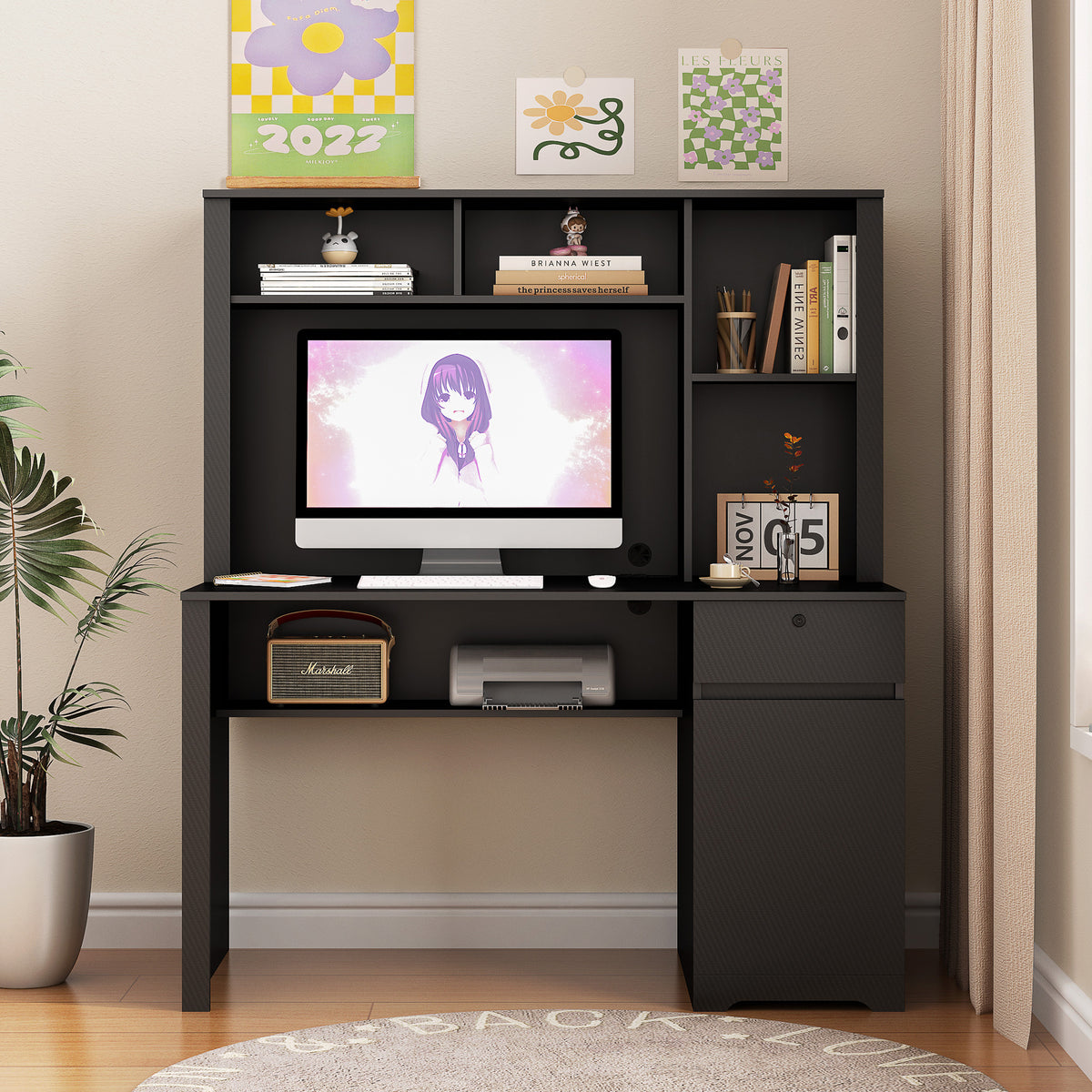 Computer Desk With Hutch & Bookshelf,Wood Executive Desk Teens Student Desk Writing Laptop Home Office Desk With Drawers,3 Ac Outlets And 2 Usb Charging Ports,Study Laptop Table For Home Black Black Mdf