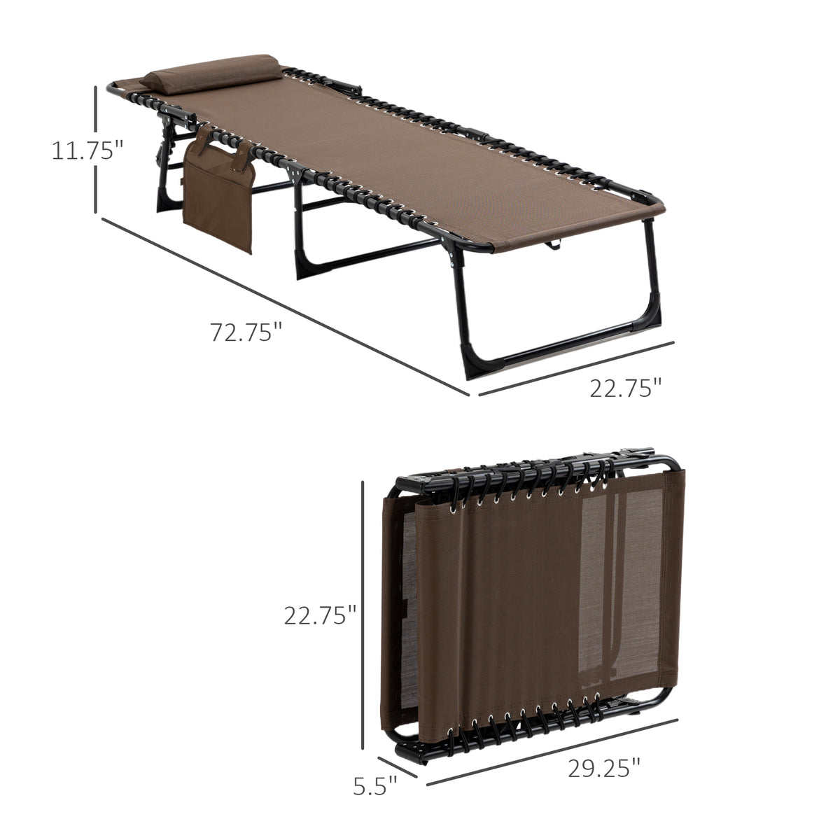 Outsunny Reclining Chaise Lounge Chair, Portable Sun Lounger, Folding Camping Cot, With Adjustable Backrest And Removable Pillow, For Patio, Garden, Beach, Brown Brown Fabric