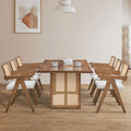 86.61 Inch Oversize Rectangular Waves Dining Table Set,7 Pcs Wooden Dining Table And Chairs,Mid Century Modern Large Kitchen Set For Living Room,Bohemian Dining Table With Rattan Weave For