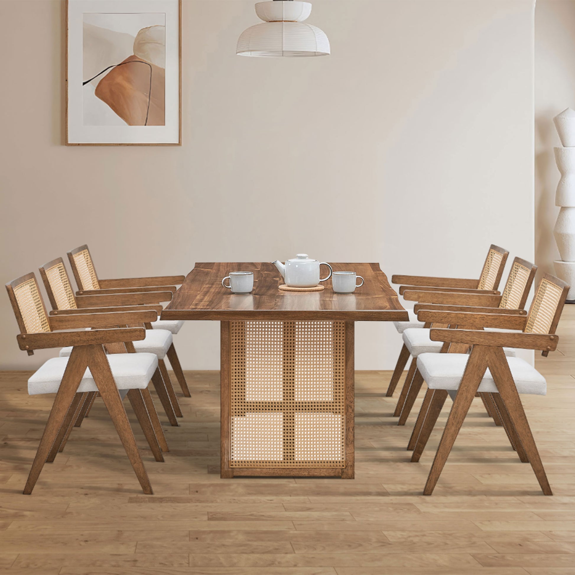 86.61 Inch Oversize Rectangular Waves Dining Table Set,7 Pcs Wooden Dining Table And Chairs,Mid Century Modern Large Kitchen Set For Living Room,Bohemian Dining Table With Rattan Weave For