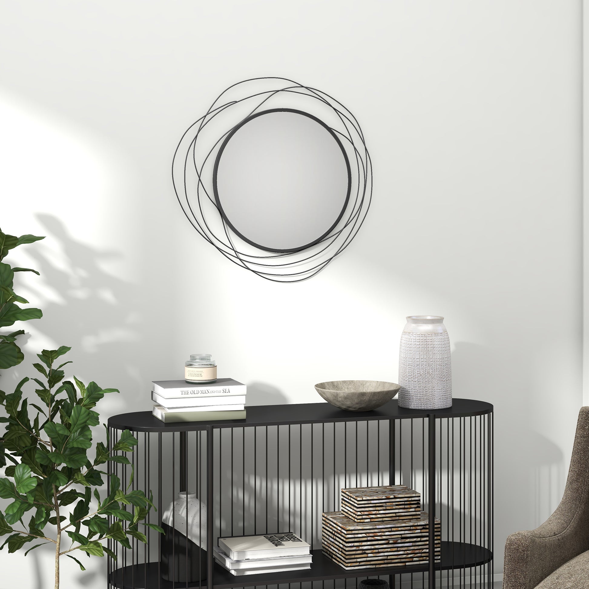 Homcom Metal Wall Art Modern Mirror Decor Home Hanging Wall Sculptures For Living Room Bedroom Dining Room, Black Black Mdf Glass
