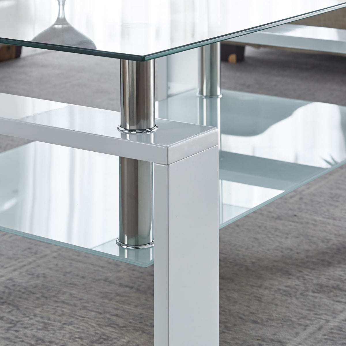 Artisan Center Coffee Table, Tempered Glass Top Stainless Steel Legs For Living Room, White White Mdf