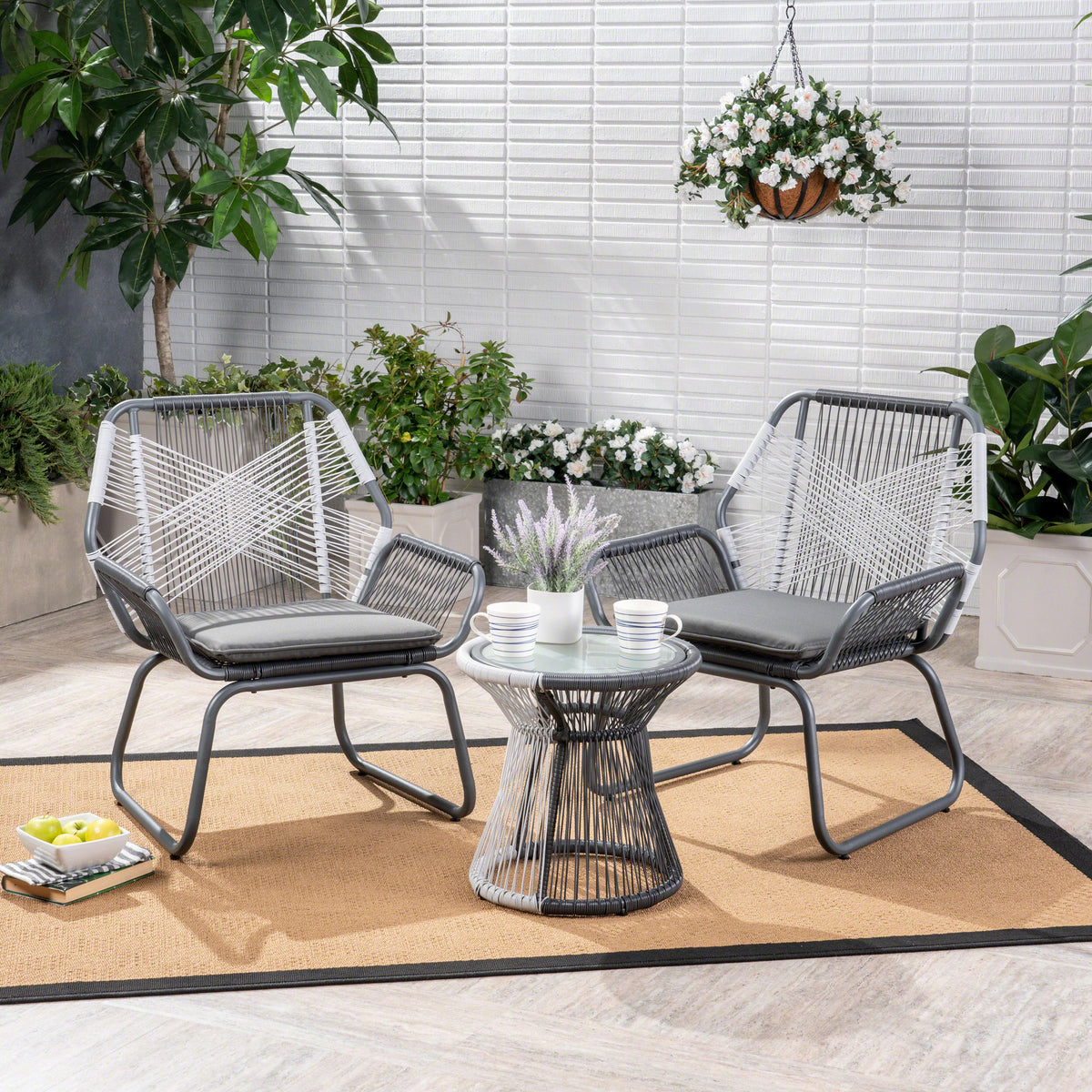 Milan 3Pc Chat Set Gray Pe Rattan Iron Waterproof Fabric